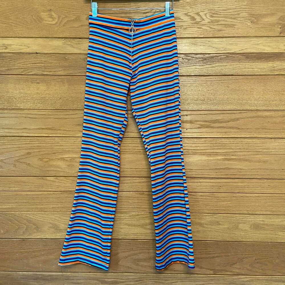 Vintage 1990s In Charge orange purple striped bell bottom flare zip front pants